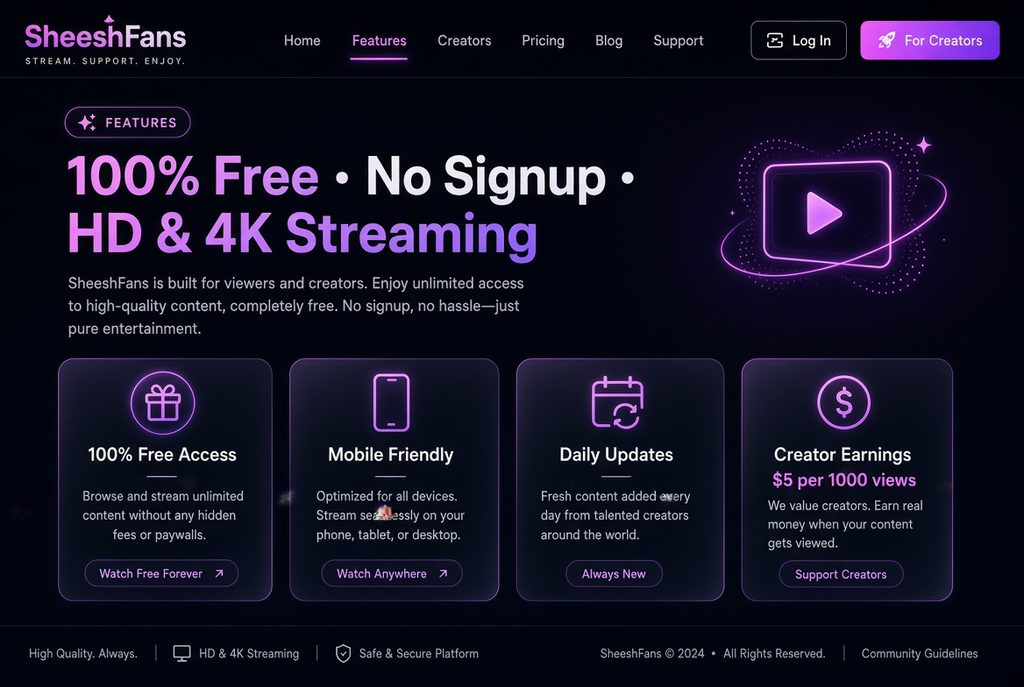 SheeshFans key features free no signup HD 4K streaming and creator earnings program